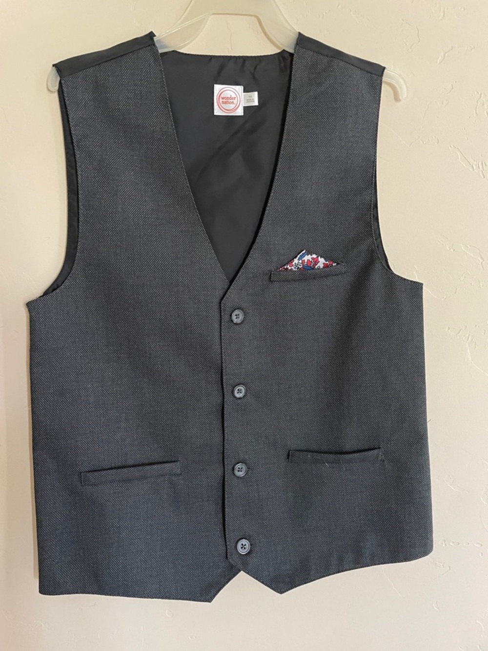 Kids Dark Gray Button Vest with Pocket Square